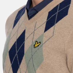 Lambswool Blend Argyle V-Neck Beige Grön>Lyle & Scott Clearance